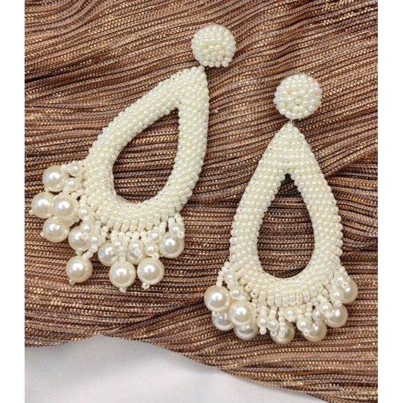 Anthro Deepa Gurnani Earrings Pearls Beaded Teardrop Tassel Bridal Formal - Picture 2 of 15